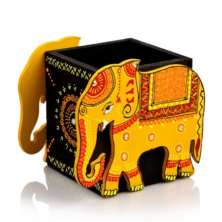 Handicraft Wooden Pen Stand Elephant - Yellow